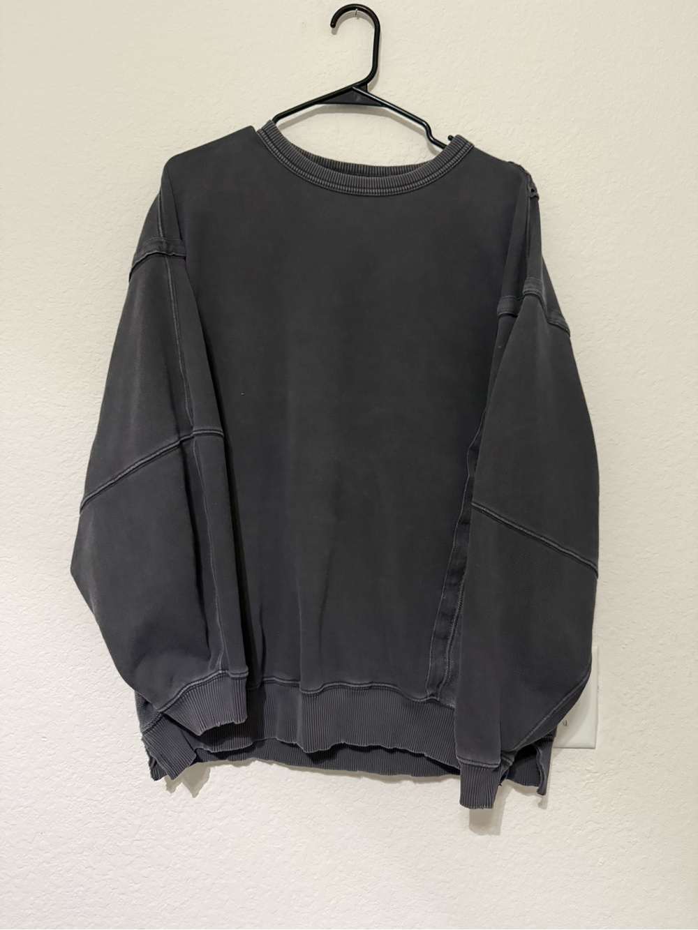 aerie Washed Distressed Charcoal Gray Crewneck Sweatshirt with lace detailing